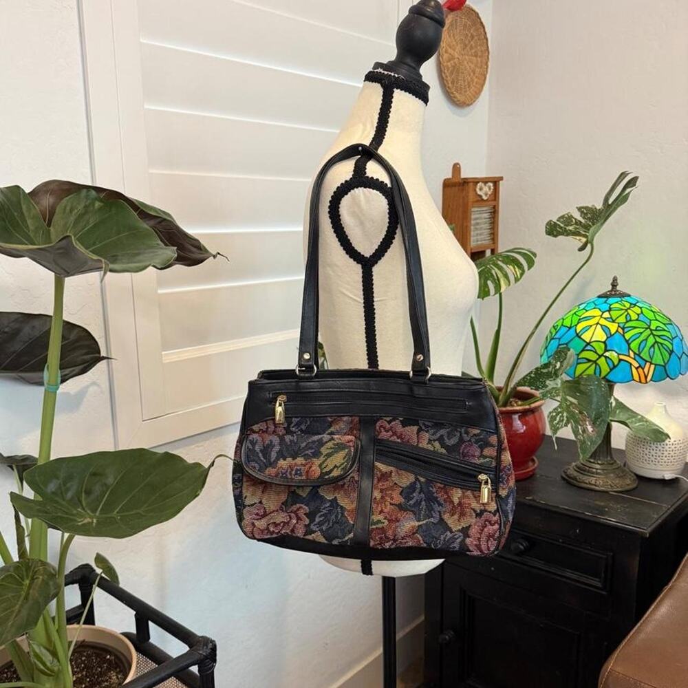 Vintage Y2K Whimsigoth Floral Tapestry Shoulder Bag Multi Pocket Organizer Purse